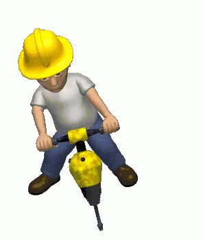 cartoon man in hard hat riding jackhammer like a pogo stick